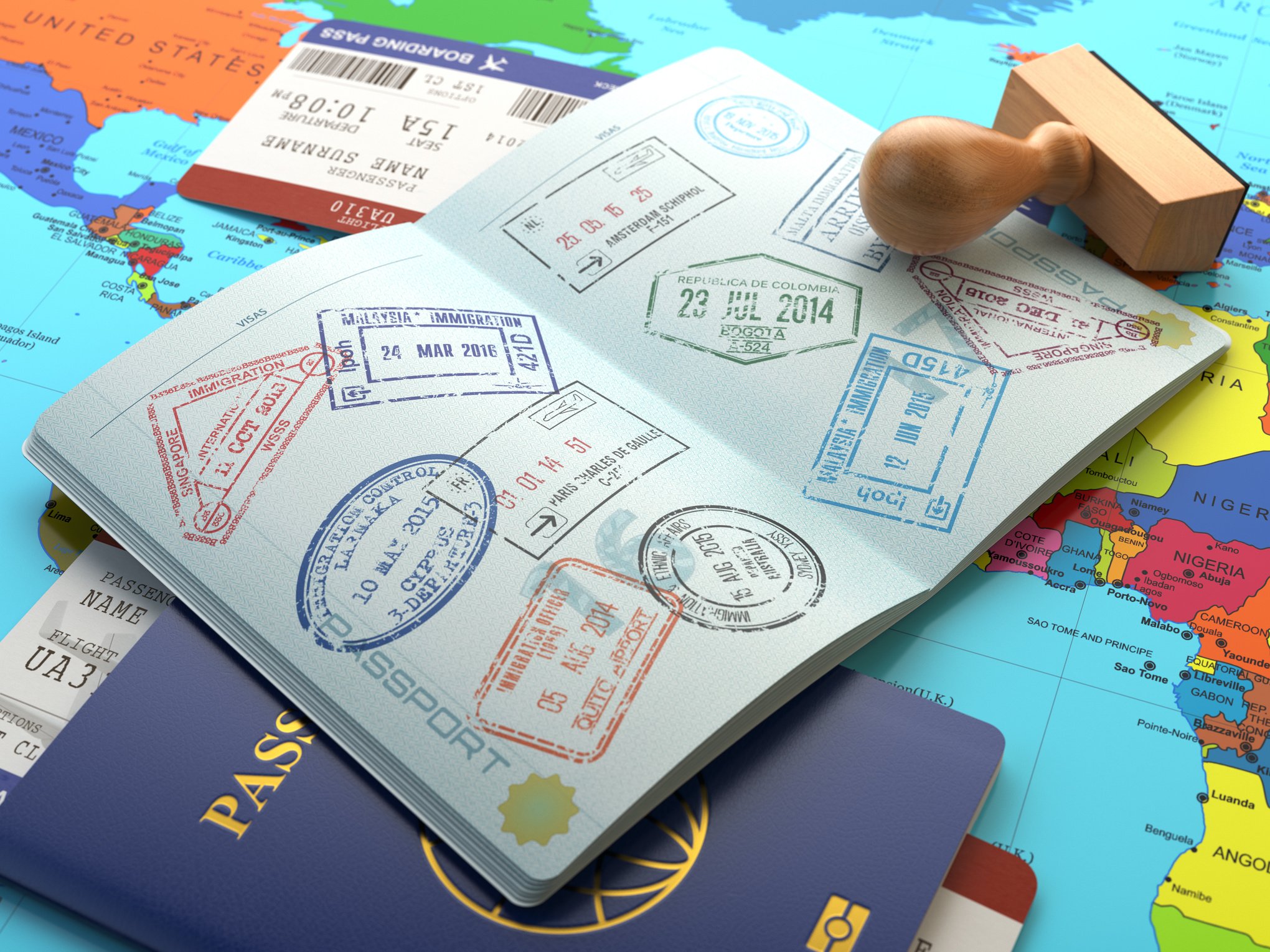 Travel or turism concept. Opened passport with visa stamps with